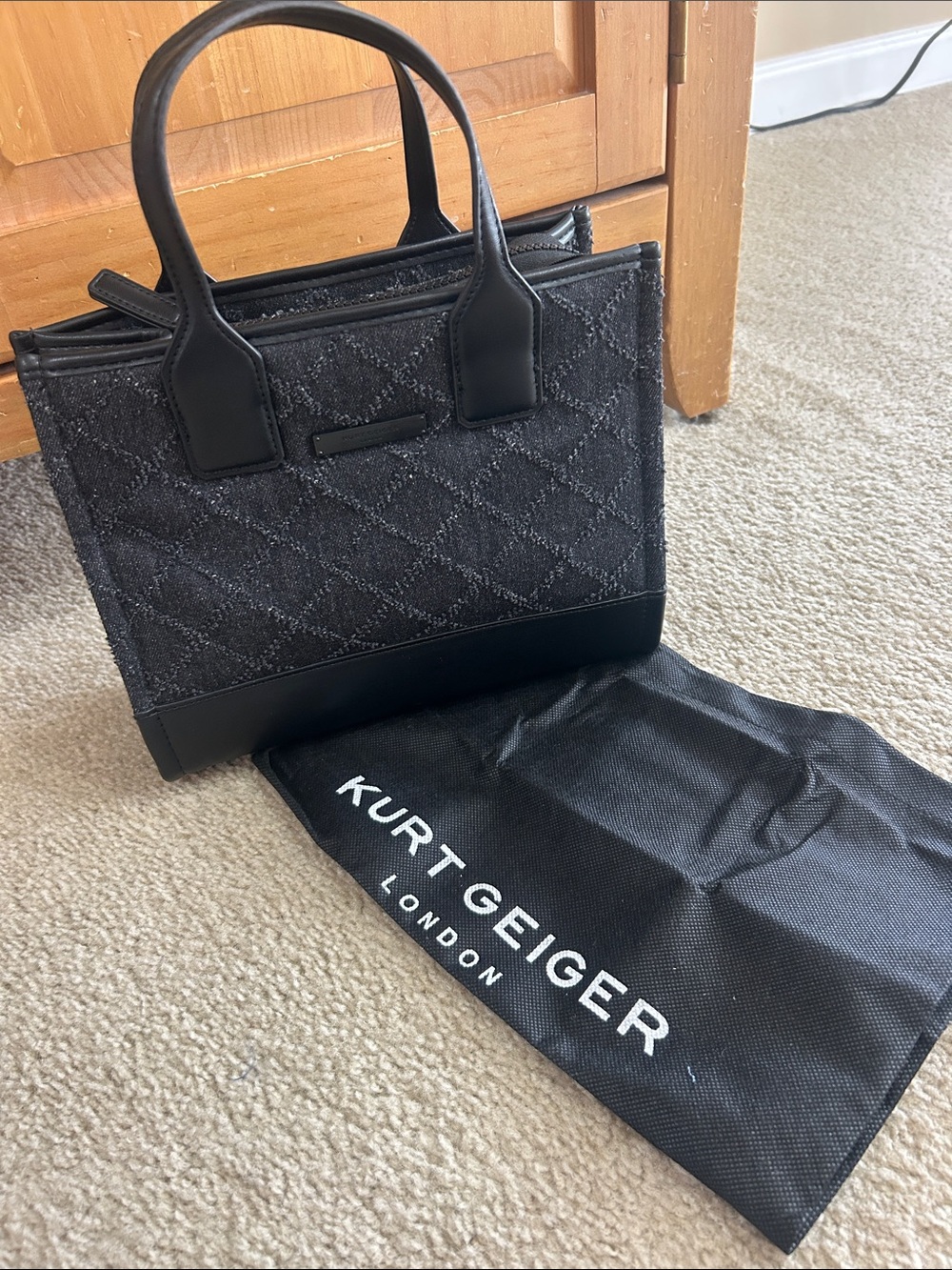 Kurt Geiger Black denim look Quilted Satchel with Leather Trim. NWT